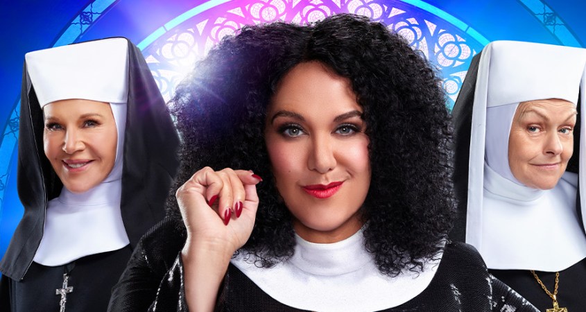 Three actresses dressed up as nuns